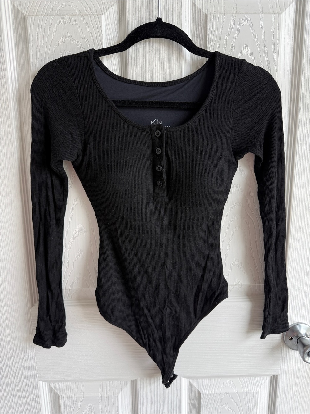 Klassy Network Black Ribbed Long-Sleeve Henley Bodysuit
